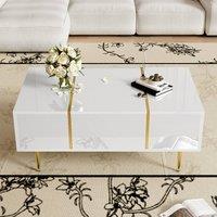 Rolipo White High-Gloss Coffee Table With 2 Drawers & Gold Metal