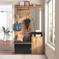 Rolipo Black & Wood Hallway Wardrobe Set with Shoe Bench & Mirror 105cm