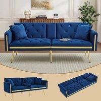 Rolipo Blue Velvet 2 Seater Convertible Sofa Bed with Cup Holders
