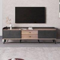 Rolipo 160cm TV Stand with Striped Sliding Doors Black & Wood MDF Lowboard