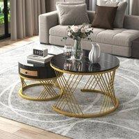 Rolipo Black & Gold Round Nesting Coffee Table Set Marble Pattern Top