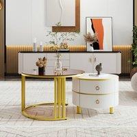 Rolipo 2-in-1 Round Coffee Table Set with Brown Tempered Glass Top