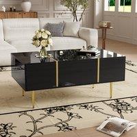Rolipo Modern Black High Gloss Coffee Table With 2 Drawers Gold Metal Accents