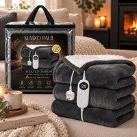Marco Paul Luxury 150 x 180cm Sherpa Fleece Electric Heated Throw in Dark Grey | Size: 150 x 180 cm