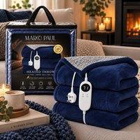Marco Paul Luxury 150 x 180cm Sherpa Fleece Electric Heated Throw in Navy | Size: 150 x 180 cm
