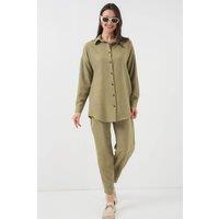 Big Dart Women's Linen Blend Long Sleeve Shirt & Pants Co-ord Set in Khaki | Size: 2XL