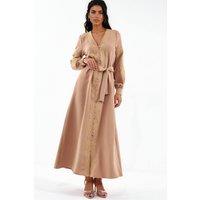 MSN Collection Women's Embroidered V-Neck Maxi Dress in Camel | Size: Medium