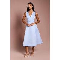 Coast Women's Petite V Neck Structured Satin Belted Midi Dress in Blue | Size: 12