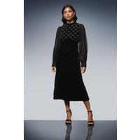 Wallis Women's Occasion Velvet Embellished Midi Dress in Black | Size: 14