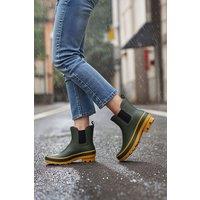 MODISHION Women's Stylish Patchwork Coloured Anti-Slip Rain Boots in Olive | Size: 6