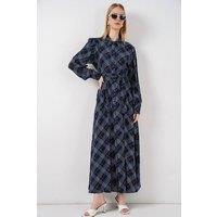 Big Dart Women's Plaid Midi Shirt Dress with Button Closure in Navy | Size: Large