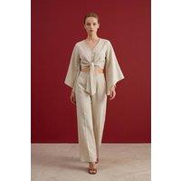 MyFashion Women's Cotton Co-ord Set with Tie Detail in Beige | Size: Medium