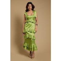Oasis Women's Petite Printed Satin Jacquard Tiered Midi Dress in Chartreuse | Size: 8