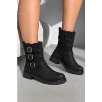 Love Lemonade Women's Harley Luxe Triple Buckle Slouch Biker Zip Up Ankle Boots in Black | Size: 4
