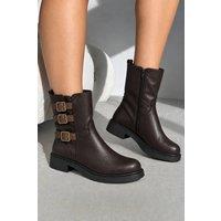 Love Lemonade Women's Harley Luxe Triple Buckle Slouch Biker Zip Up Ankle Boots in Brown | Size: 6