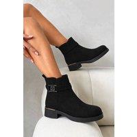 Love Lemonade Women's Wren Luxe XO Filigree Buckle Faux Suede Low Heel Ankle Boots in Black | Size: 5