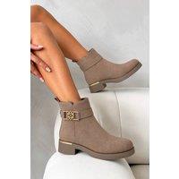 Love Lemonade Women's Wren Luxe XO Filigree Buckle Faux Suede Low Heel Ankle Boots in Light Brown | Size: 4
