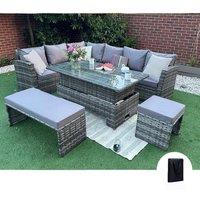 Furniture Maxi Rosen Rattan Garden Furniture 9 Seater Corner Sofa Rising Table Set With Benches & Rain Cover in Grey