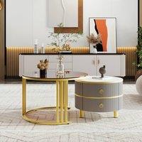 Rolipo 2-in-1 Round Coffee Table Set, Grey/Brown Tempered Glass in Grey