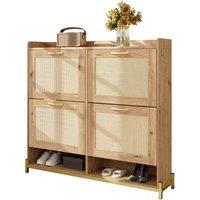 Rolipo 4 Door Wooden Shoe Cabinet With Rattan Doors Narrow Hallway Storage in Natural