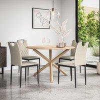More4Homes Malvern Round Dining Table & Chairs - Oak Table Top w Solid Oak Legs + Monza Fabric Dining Chair Set Of 4 in Beige