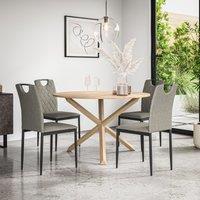 More4Homes Malvern Round Dining Table & Chairs - Oak Table Top w Solid Oak Legs + Monza Fabric Dining Chair Set Of 4 in Grey