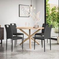 More4Homes Malvern Round Dining Table & Chairs - Oak Table Top w Solid Oak Legs + Monza Fabric Dining Chair Set Of 4 in Charcoal