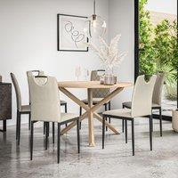 More4Homes Malvern Round Dining Table & Chairs - Oak Table Top w Solid Oak Legs + Monza Fabric Dining Chair Set Of 6 in Beige