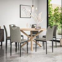 More4Homes Malvern Round Dining Table & Chairs - Oak Table Top w Solid Oak Legs + Monza Fabric Dining Chair Set Of 6 in Grey