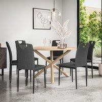 More4Homes Malvern Round Dining Table & Chairs - Oak Table Top w Solid Oak Legs + Monza Fabric Dining Chair Set Of 6 in Charcoal