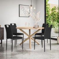 More4Homes Malvern Round Dining Table & Chairs - Oak Table Top w Solid Oak Legs + Monza Faux Leather Dining Chair Set Of 4 in Black