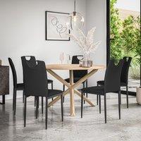More4Homes Malvern Round Dining Table & Chairs - Oak Table Top w Solid Oak Legs + Monza Faux Leather Dining Chair Set Of 6 in Black