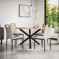 More4Homes Malvern Round Dining Table & Chairs - Oak Table Top w Solid Oak Black Legs + Monza Fabric Dining Chair Set Of 4 in Beige