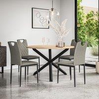 More4Homes Malvern Round Dining Table & Chairs - Oak Table Top w Solid Oak Black Legs + Monza Fabric Dining Chair Set Of 4 in Grey