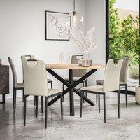 More4Homes Malvern Round Dining Table & Chairs - Oak Table Top w Solid Oak Black Legs + Monza Fabric Dining Chair Set Of 6 in Beige