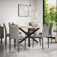 More4Homes Malvern Round Dining Table & Chairs - Oak Table Top w Solid Oak Black Legs + Monza Fabric Dining Chair Set Of 6 in Grey