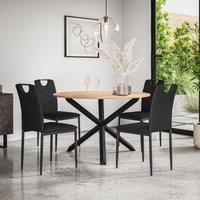 More4Homes Malvern Round Dining Table & Chairs - Oak Table Top w Solid Oak Black Legs + Monza Faux Leather Dining Chair Set Of 4