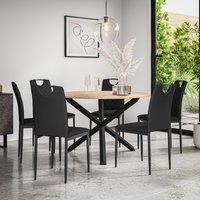 More4Homes Malvern Round Dining Table & Chairs - Oak Table Top w Solid Oak Black Legs + Monza Faux Leather Dining Chair Set Of 6