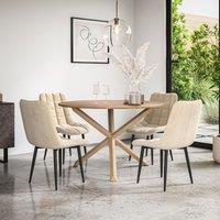 More4Homes Malvern Round Dining Table & Chairs - Oak Table Top w Solid Oak Legs + Nova Velvet Dining Chair Set Of 4 in Beige