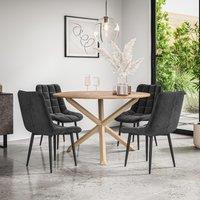 More4Homes Malvern Round Dining Table & Chairs - Oak Table Top w Solid Oak Legs + Nova Velvet Dining Chair Set Of 4 in Black