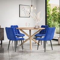 More4Homes Malvern Round Dining Table & Chairs - Oak Table Top w Solid Oak Legs + Nova Velvet Dining Chair Set Of 4 in Blue