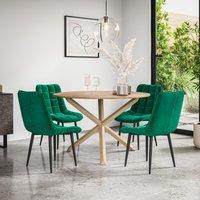 More4Homes Malvern Round Dining Table & Chairs - Oak Table Top w Solid Oak Legs + Nova Velvet Dining Chair Set Of 4 in Green