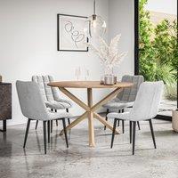 More4Homes Malvern Round Dining Table & Chairs - Oak Table Top w Solid Oak Legs + Nova Velvet Dining Chair Set Of 4 in Grey