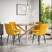 More4Homes Malvern Round Dining Table & Chairs - Oak Table Top w Solid Oak Legs + Nova Velvet Dining Chair Set Of 4 in Mustard