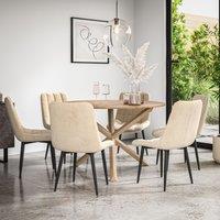 More4Homes Malvern Round Dining Table & Chairs - Oak Table Top w Solid Oak Legs + Nova Velvet Dining Chair Set Of 6 in Beige