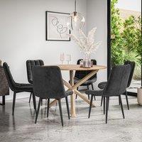More4Homes Malvern Round Dining Table & Chairs - Oak Table Top w Solid Oak Legs + Nova Velvet Dining Chair Set Of 6 in Black