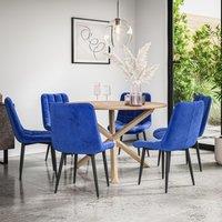 More4Homes Malvern Round Dining Table & Chairs - Oak Table Top w Solid Oak Legs + Nova Velvet Dining Chair Set Of 6 in Blue