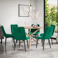 More4Homes Malvern Round Dining Table & Chairs - Oak Table Top w Solid Oak Legs + Nova Velvet Dining Chair Set Of 6 in Green