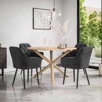 More4Homes Malvern Round Dining Table & Chairs - Oak Table Top w Solid Oak Legs + Anika Velvet Dining Chair Set Of 4 in Black