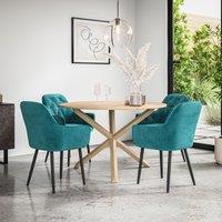 More4Homes Malvern Round Dining Table & Chairs - Oak Table Top w Solid Oak Legs + Anika Velvet Dining Chair Set Of 4 in Blue